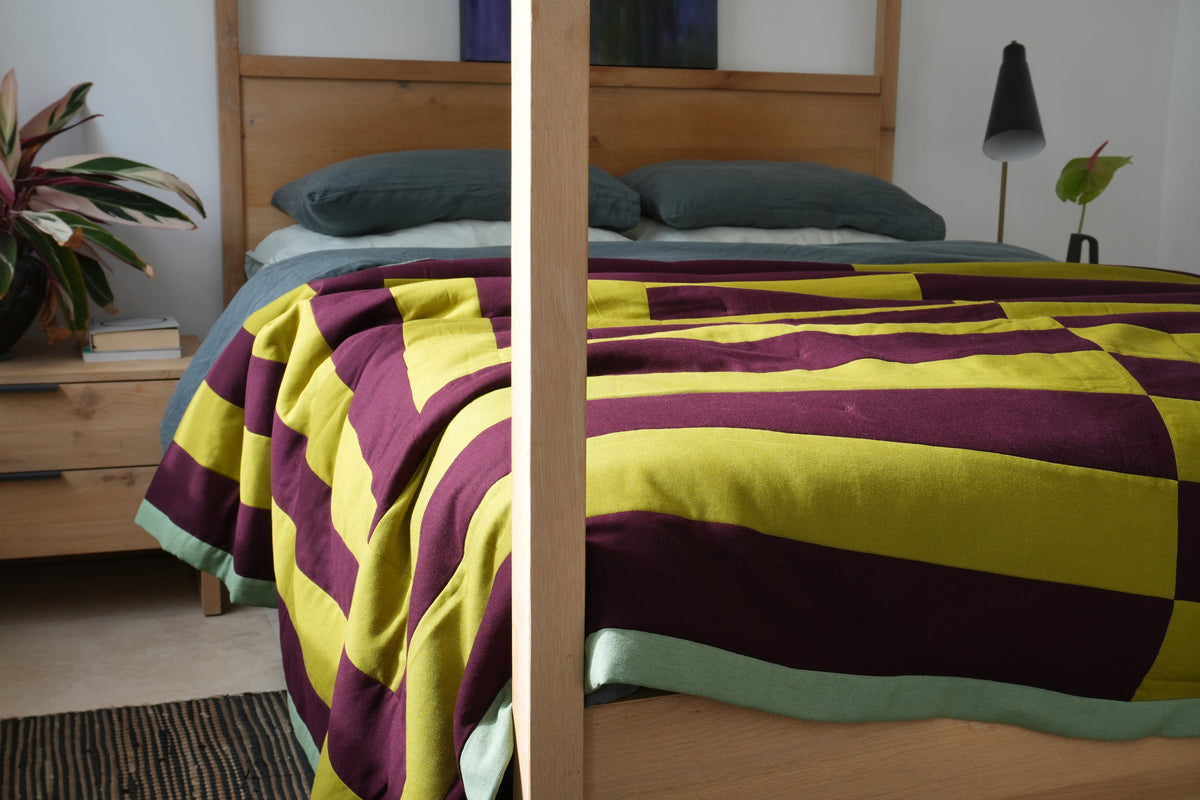 Handmade Linen-Rayon King Sized Jumbo Quilt – Chartreuse & Plum