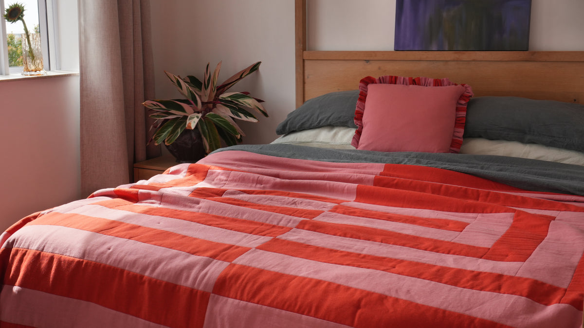 Handmade Linen-Rayon King Sized Jumbo Quilt – Red Brick & Blush