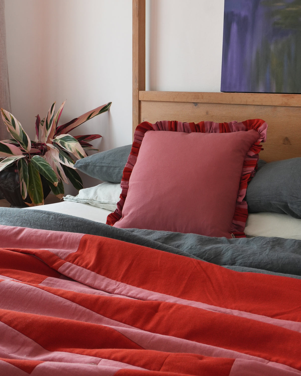 Handmade Linen-Rayon King Sized Jumbo Quilt – Red Brick & Blush