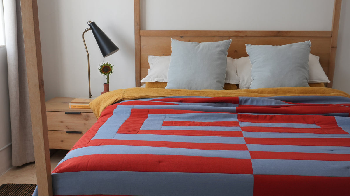 Handmade Linen-Rayon King Sized Jumbo Quilt – Steel & Red Clay