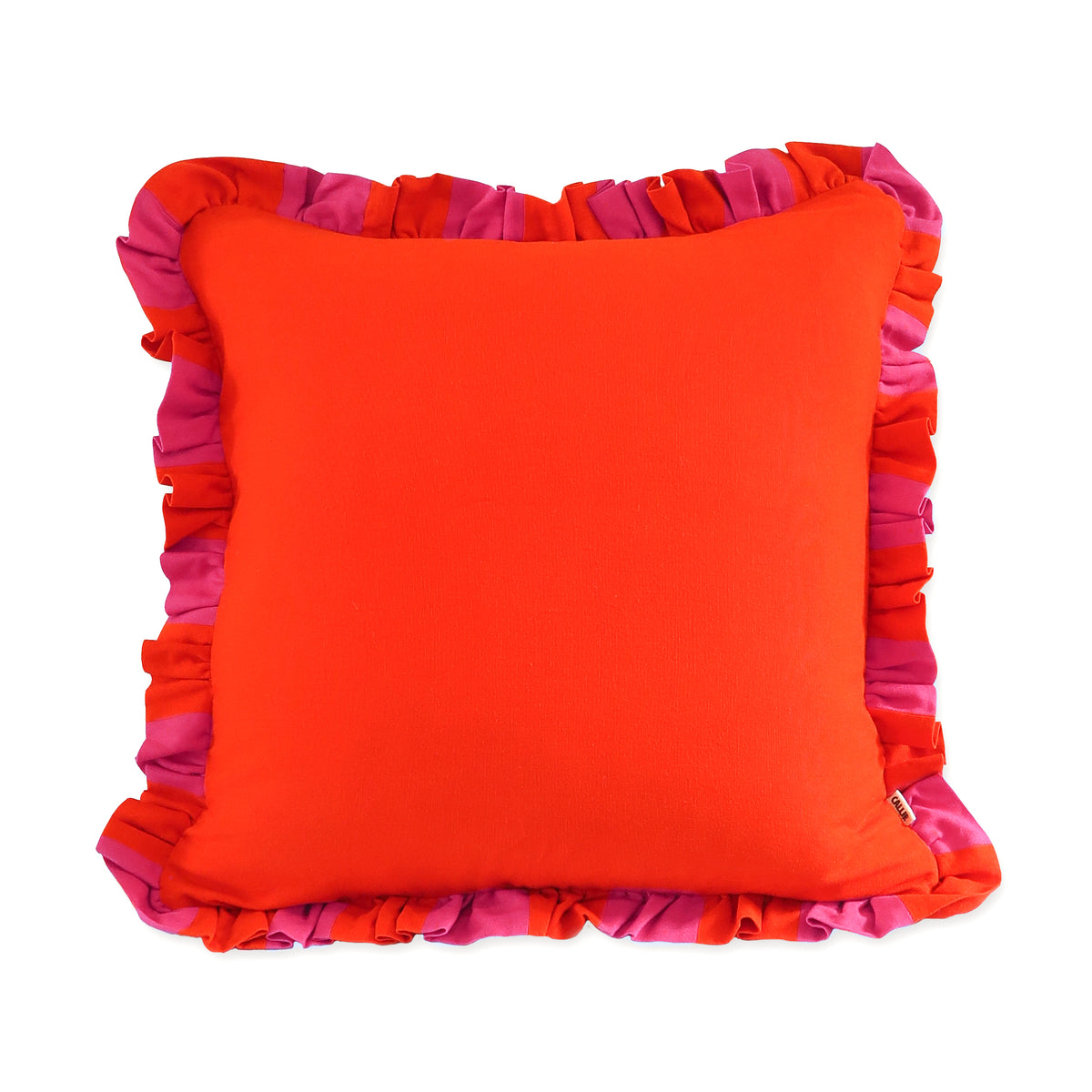 Handmade Linen-Rayon Reversible Striped Frill Scatter Cushion – Watermelon & Vermillion